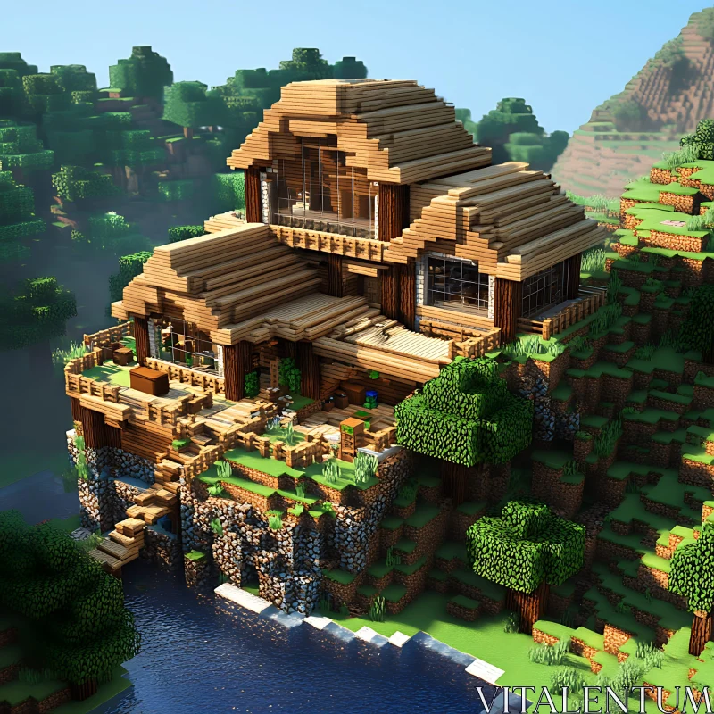 Voxel Architecture in Minecraft: Cliffside Wooden House AI Image