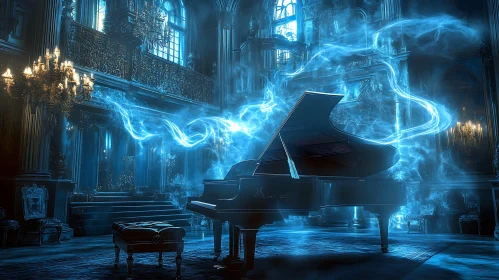 Enigmatic Mansion with Grand Piano and Blue Ethereal Light