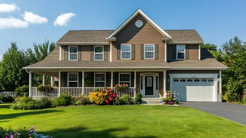 Beautiful Brown House with Manicured Lawn and Gabled Roof