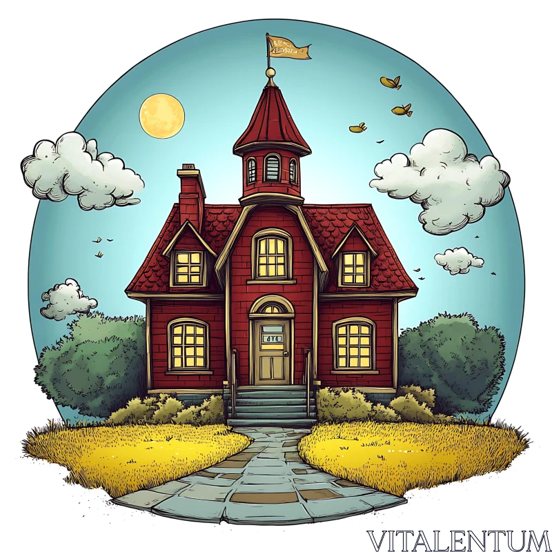 Cartoon Red House with Flag and Lush Surroundings AI Image