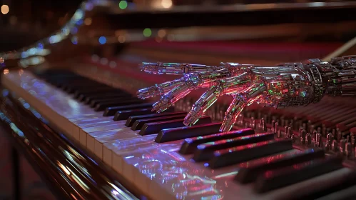 Mechanical Hand on Piano with Colorful Lights