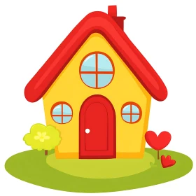 Whimsical Yellow House with Red Roof