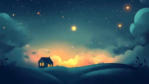 Surreal House Under Starry Night Sky
