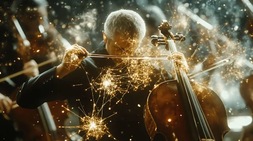 Musician Playing Cello in an Illuminated Orchestra