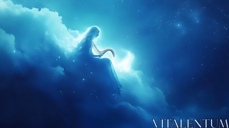Dreamlike Woman in Clouds under Starry Night Sky
