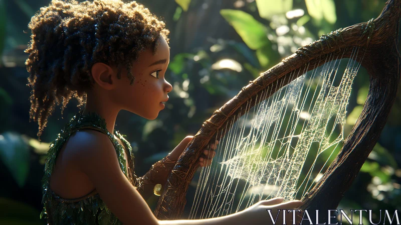 Child Playing Harp in Sunlit Forest AI Image