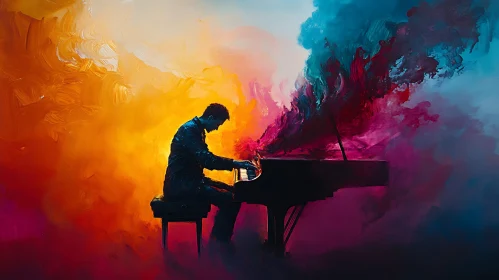 Abstract Art of Pianist with Colorful Flames