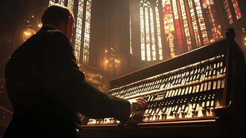 Musician Playing Organ in Beautiful Cathedral