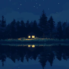 Serene Night with Cabin and Lake Reflection