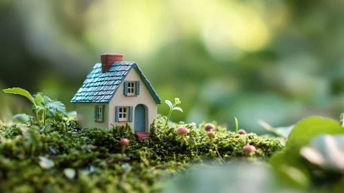 Enchanting Tiny House with Toadstools on Lush Moss