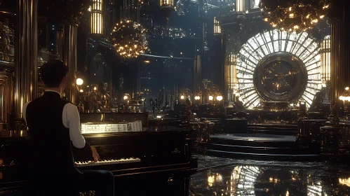 Opulent Hall with Golden Elements and Grand Piano