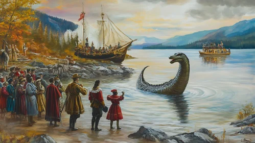 Sea Monster Emerging Near Historical Shore