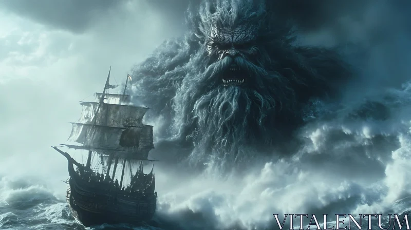 Giant Sea Beast and Ship in Violent Storm