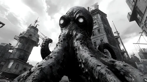 Giant Tentacled Monster in Desolate Cityscape