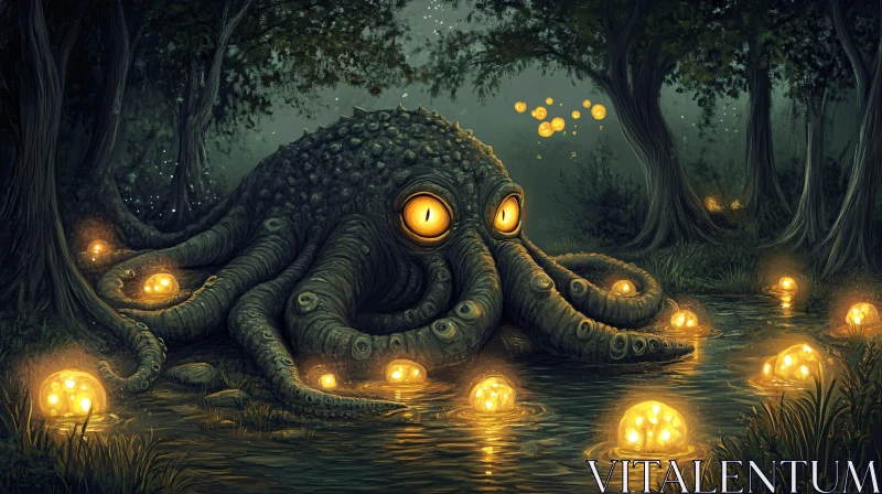 Eerie Forest Creature with Lanterns AI Image