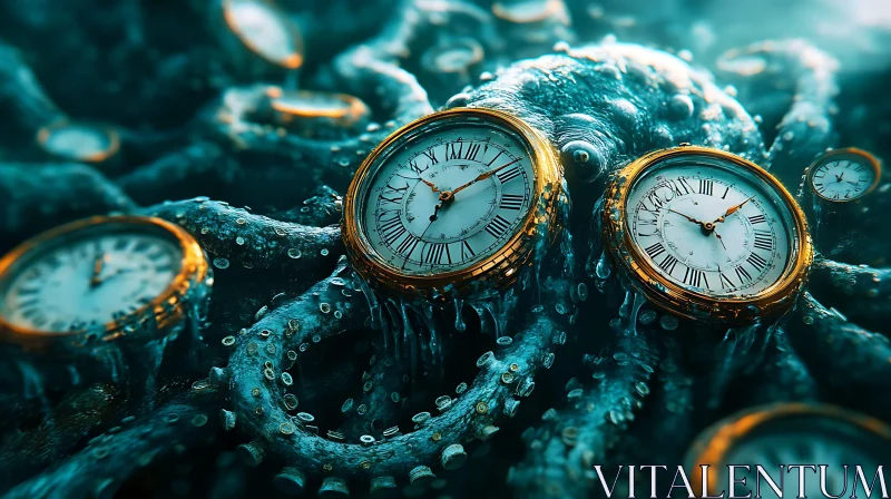 Intertwined Clocks and Octopus in Surreal Artwork AI Image