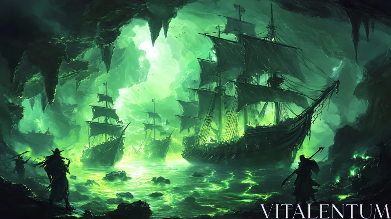 Pirate Ships in Green Glow Cavern AI Image