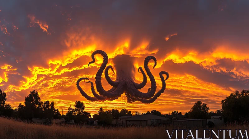 Octopus Cloud Formation During a Fiery Sunset AI Image