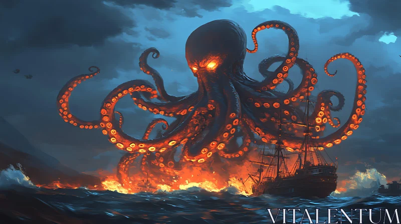 Fiery Sea Battle with Kraken AI Image