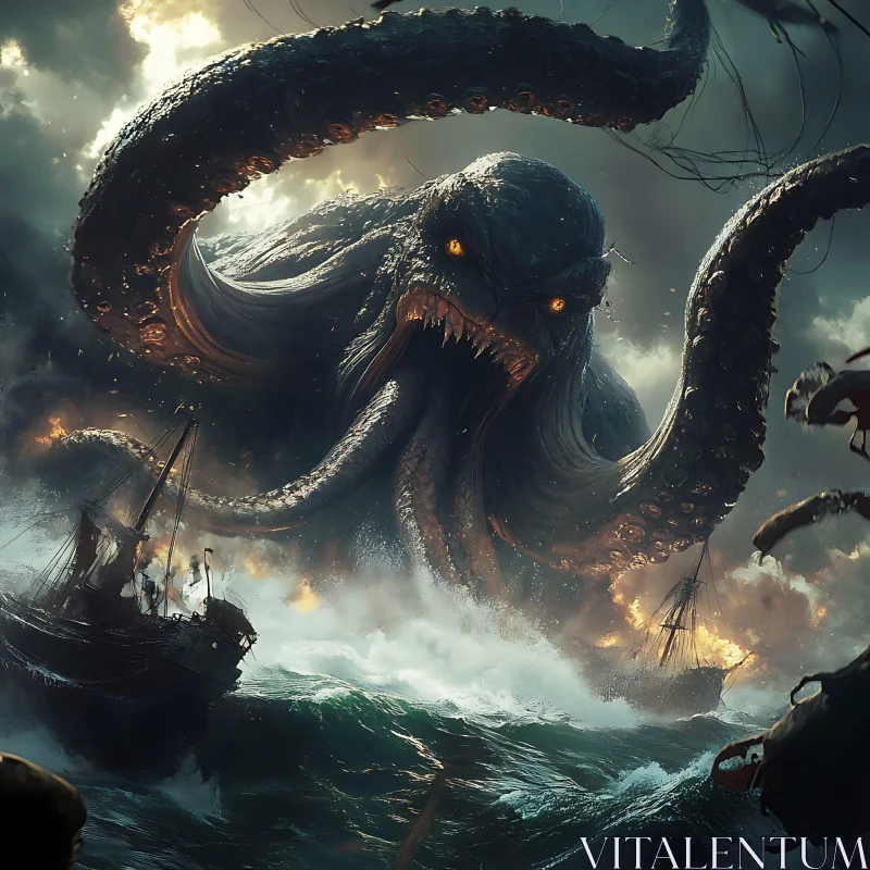 Colossal Sea Monster in Battle with Ships AI Image