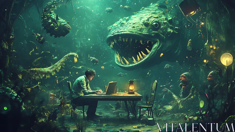 Underwater Fantasy Scene with Man and Desk AI Image