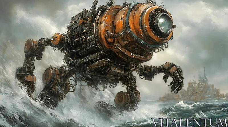 AI ART Giant Steampunk Robot in the Ocean