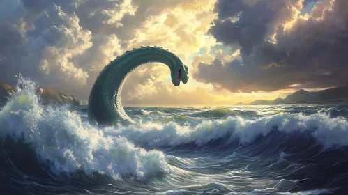 Gigantic Sea Serpent Amidst Stormy Ocean at Dusk