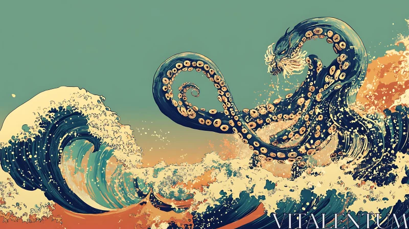 Kraken and Turbulent Sea Waves Illustration AI Image