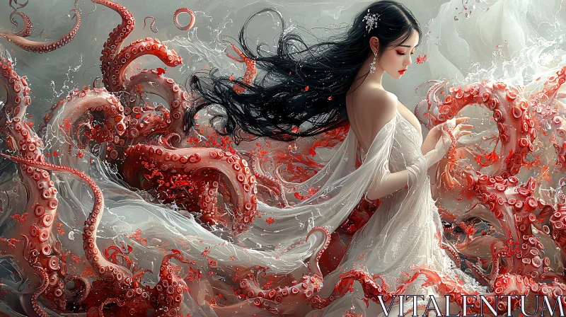 Dreamlike Fantasy Scene with Tentacles and Woman AI Image