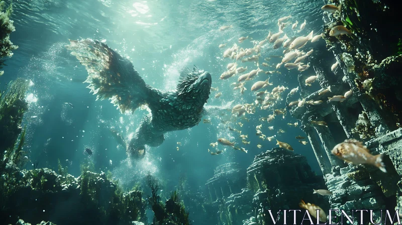 Enigmatic Underwater Realm with Majestic Creature AI Image