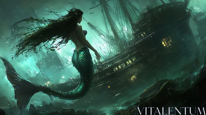 Mystical Mermaid with Wrecked Ship in Underwater Scene AI Image