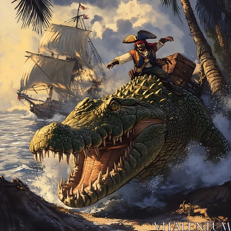 Epic Pirate and Crocodile Adventure by the Sea AI Image