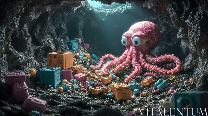 Octopus in an Underwater Treasure Trove AI Image