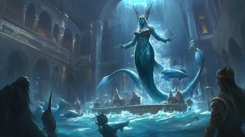 Regal Mermaid in Mystical Ocean Temple