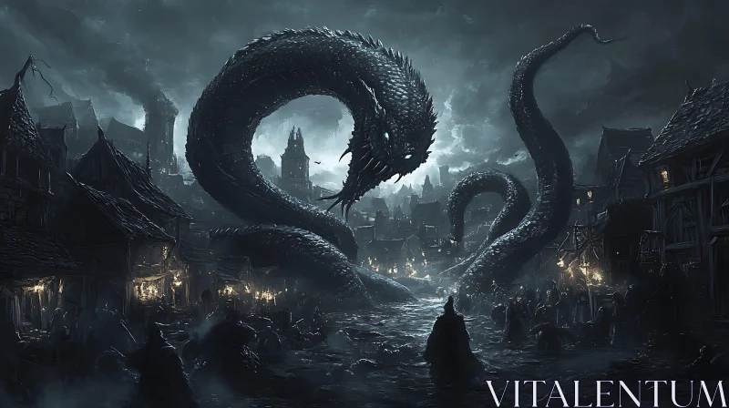 Colossal Serpent in Medieval Nightscape AI Image