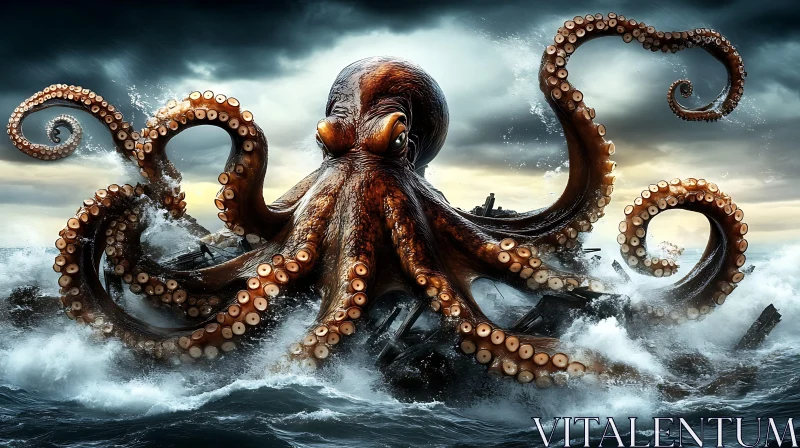 Ancient Sea Monster with Tentacles in Stormy Ocean AI Image