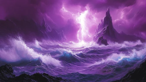 Dramatic Ocean Storm with Purple Sky and Mountains