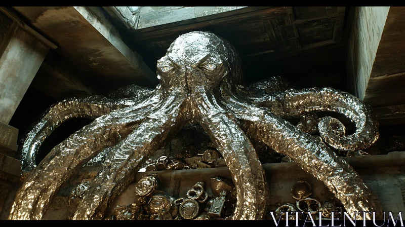 Giant Octopus Sculpture in an Ancient Treasure Room AI Image