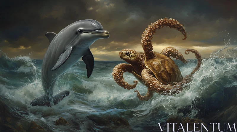 Dolphin Leaping beside Octopus-like Turtle in Stormy Seas AI Image