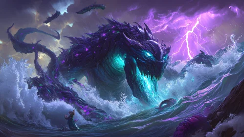 Majestic Kraken Rising Amidst a Thunderstorm