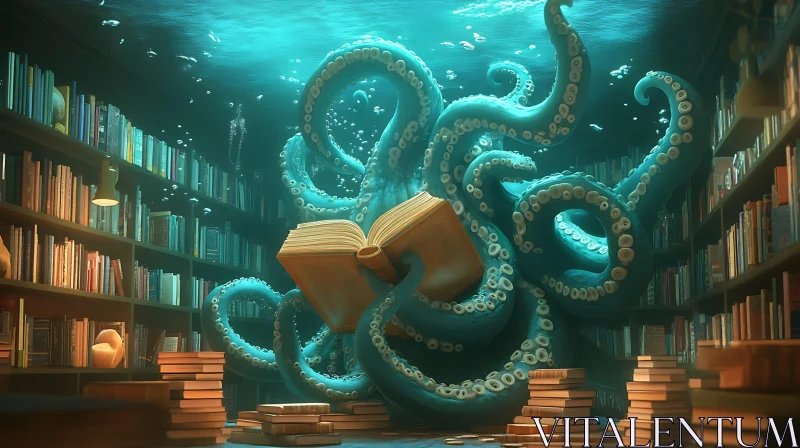 Fantasy Octopus in Aquatic Library AI Image