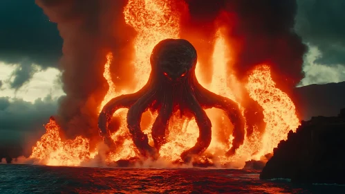 Giant Squid-Like Creature Amidst Lava Eruption