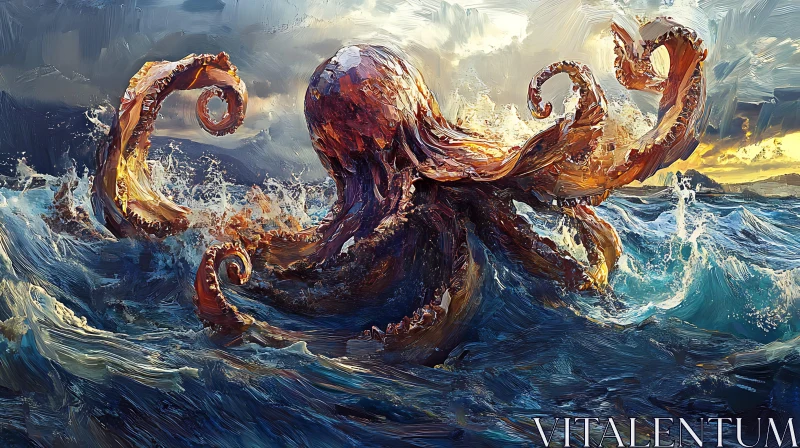 Octopus Amidst Ocean Waves AI Image