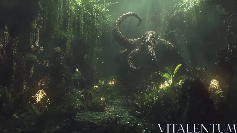 Eerie Forest Illuminated by Glowing Flora and Tentacled Beast AI Image