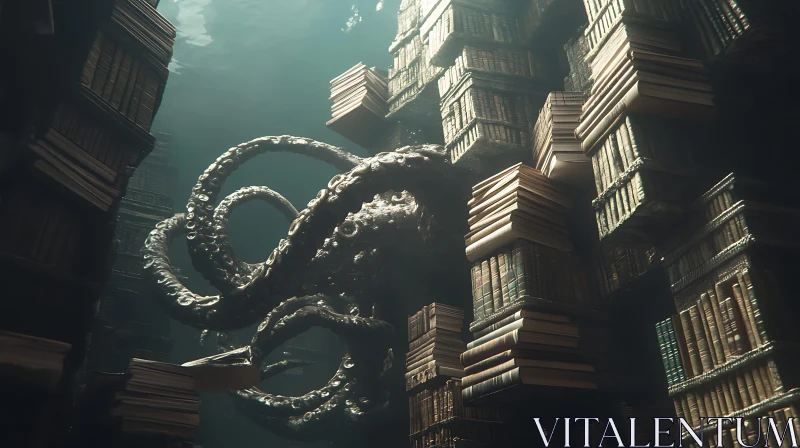 Enigmatic Underwater Scene with Octopus among Ancient Books AI Image