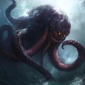 Sea Monster with Tentacles in Turbulent Waters