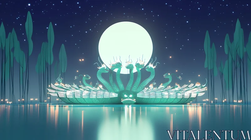 Mystical Serpent Boat on a Moonlit Night