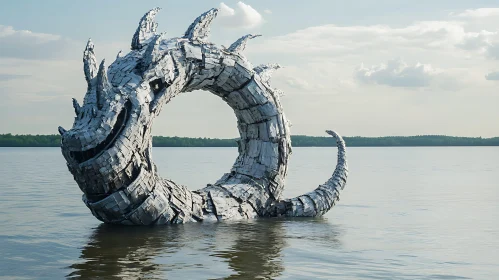 Metal Dragon Art Installation in Serene Waters