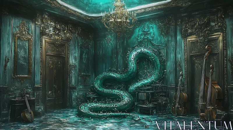 Eerie Baroque Music Room with a Fantastical Serpent AI Image