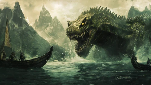 Viking Ships Versus Massive Sea Dragon